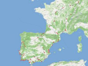 Reiseroute SpanienPortugal-2022: Iberische Halbinsel mit 58 markierten Stationen