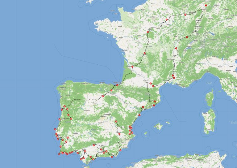 Reiseroute SpanienPortugal-2022: Iberische Halbinsel mit 58 markierten Stationen